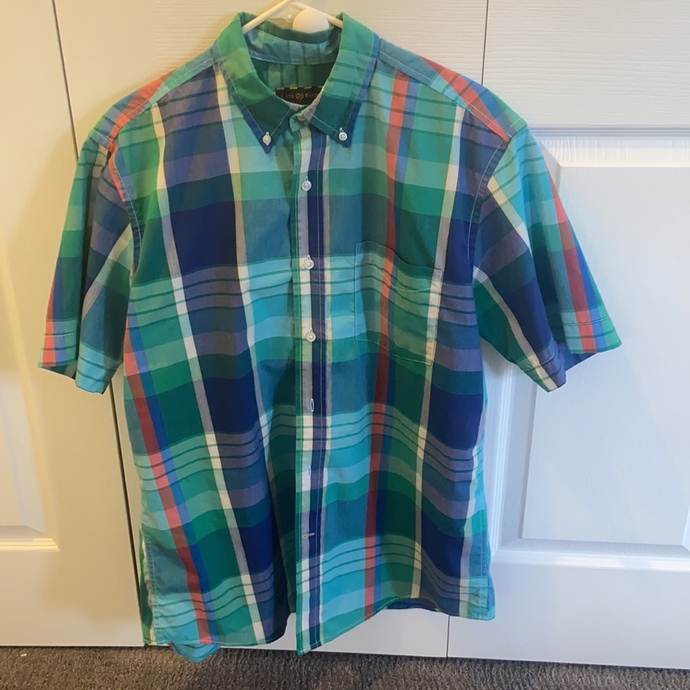 Club Room Men’s Blue and Green Plaid Casual Button Down Shirt M